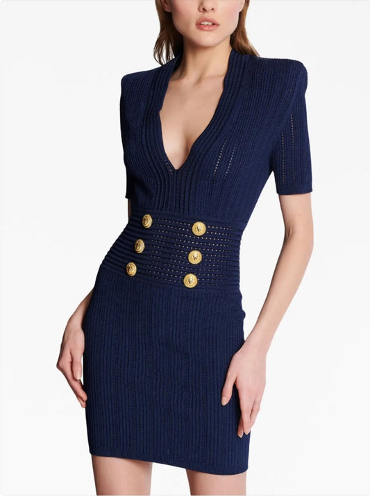 Balmain V-Neck Knitted Dress in Navy BNWT - Size 2