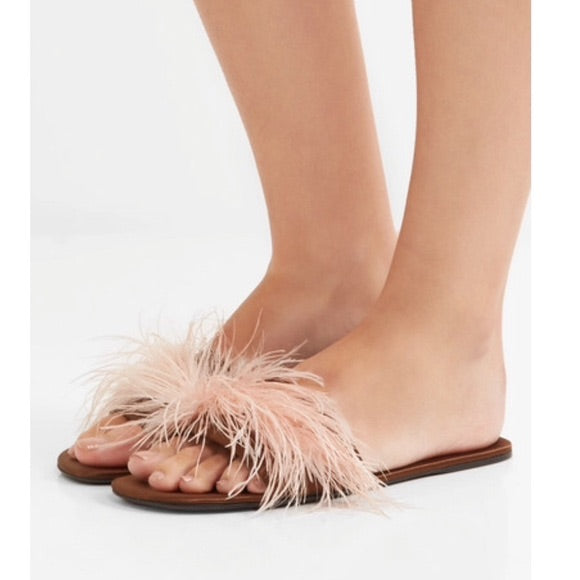 Prada Brown Satin Ostrich Feather Embellished Flat Sandals - Size 38