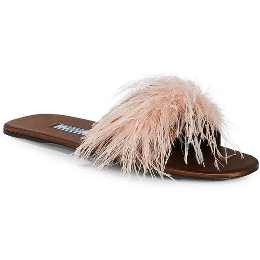 Prada Brown Satin Ostrich Feather Embellished Flat Sandals - Size 38