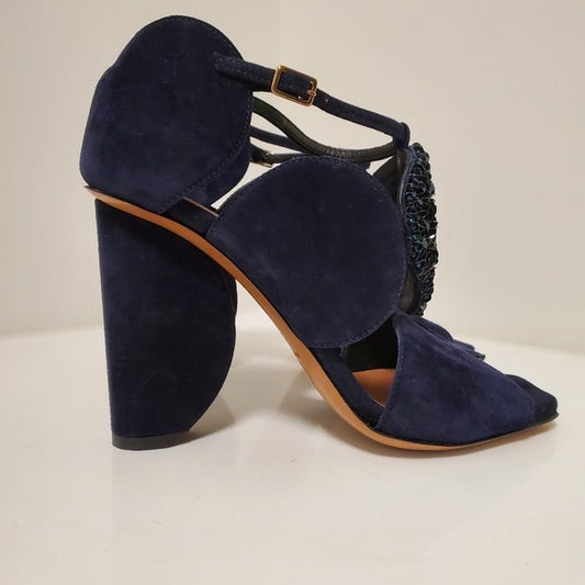Dries Van Noten Navy Suede Heels with Sequin Circle Detail - Size 39.5 (fits like an 8.5/9)