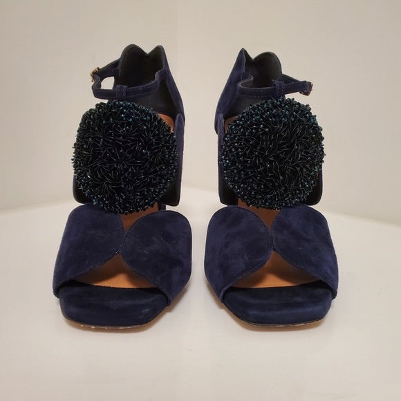 Dries Van Noten Navy Suede Heels with Sequin Circle Detail - Size 39.5 (fits like an 8.5/9)