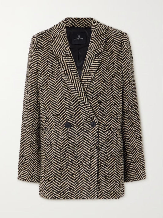 Anine Bing Diana Double-Breasted Herringbone Tweed Blazer - Size XS