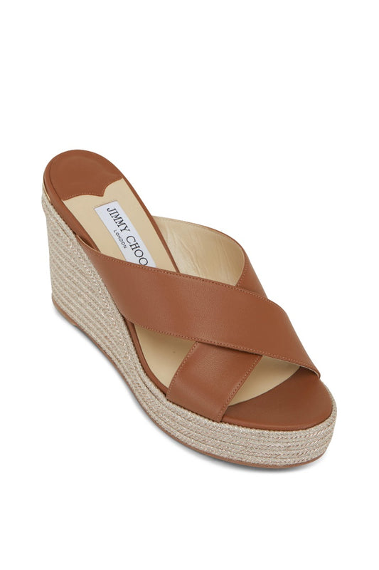 Jimmy Choo Dovina Dark Tan Mix Leather Wedge Sandal 100mm - Size 37.5 (Brand New)