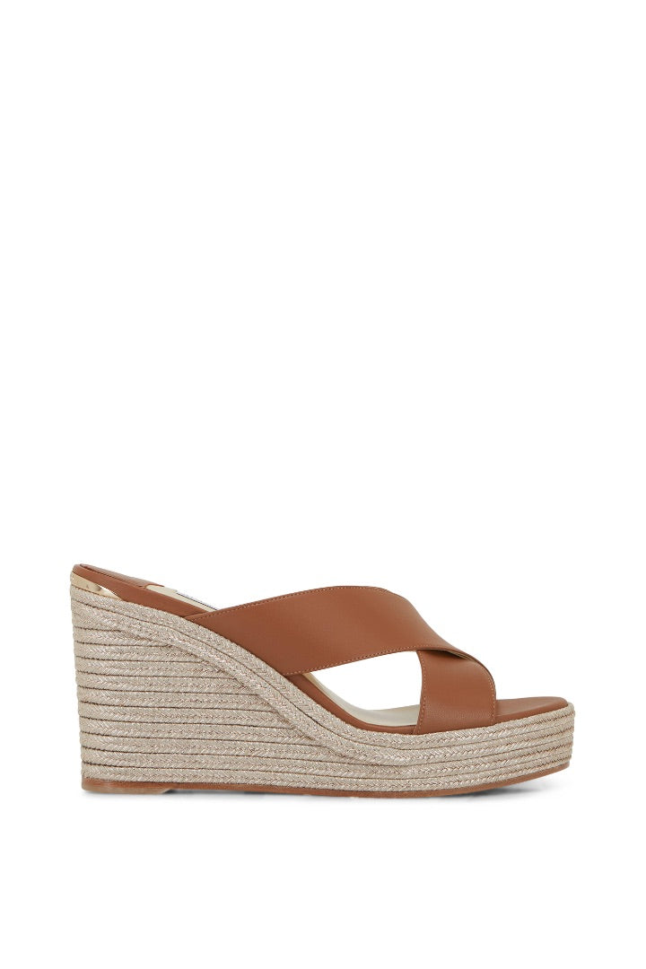 Jimmy Choo Dovina Dark Tan Mix Leather Wedge Sandal 100mm - Size 37.5 (Brand New)