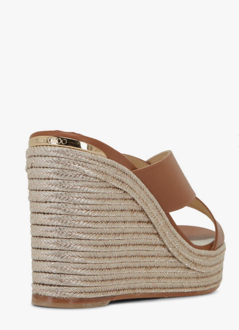 Jimmy Choo Dovina Dark Tan Mix Leather Wedge Sandal 100mm - Size 37.5 (Brand New)