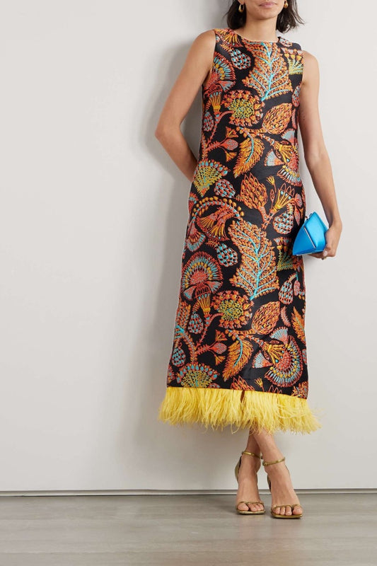 La DoubleJ Feather-Trimmed Floral-Jacquard Midi Dress In Multi - Size Small (Fits S/M)
