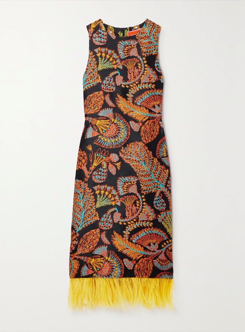 La DoubleJ Feather-Trimmed Floral-Jacquard Midi Dress In Multi - Size Small (Fits S/M)