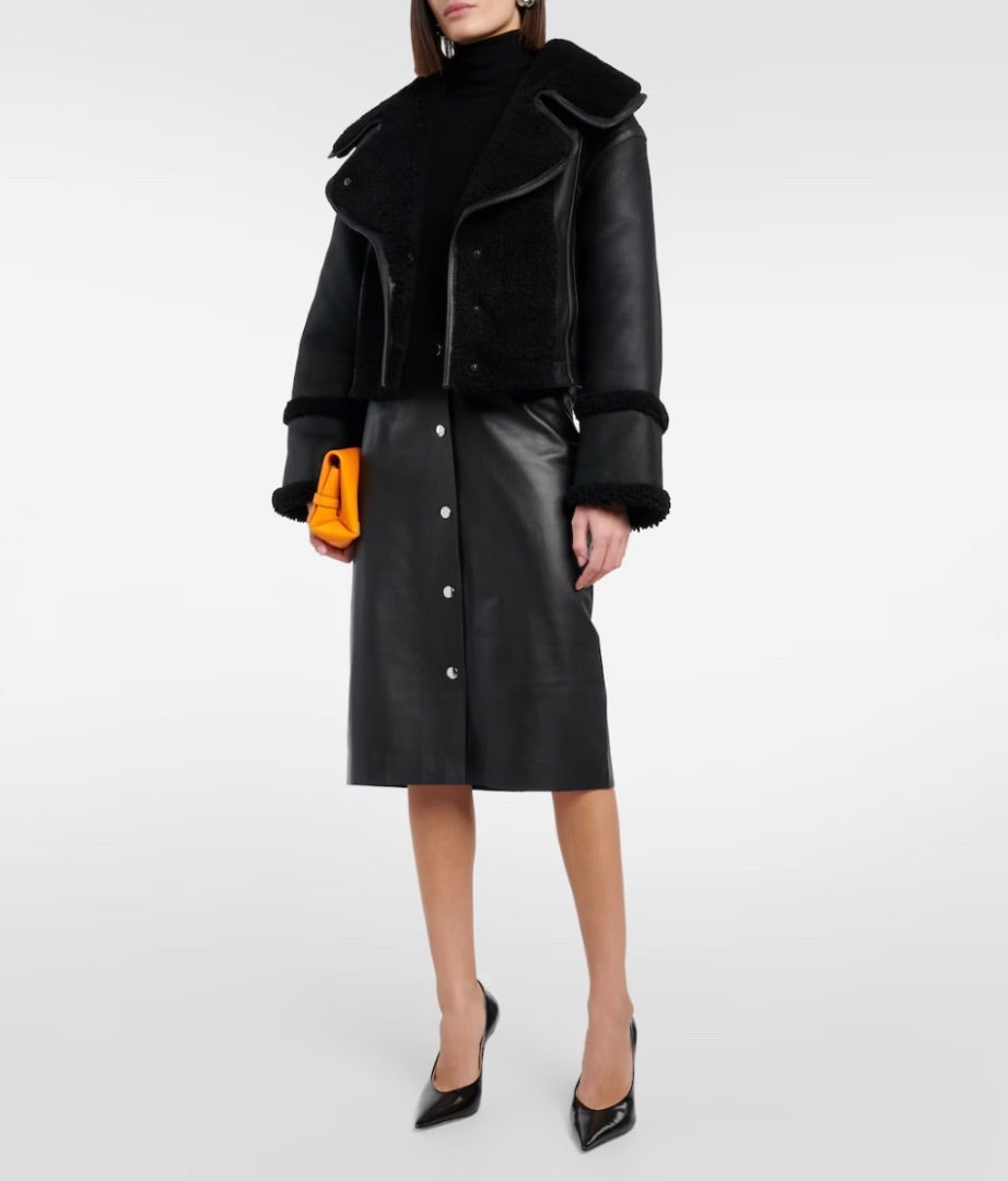 Victoria Beckham High-Rise Leather Midi Skirt in Black