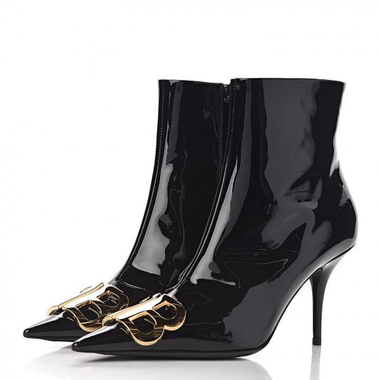 Balenciaga Patent BB Pointy Toe Ankle Booties in Black - Size 40