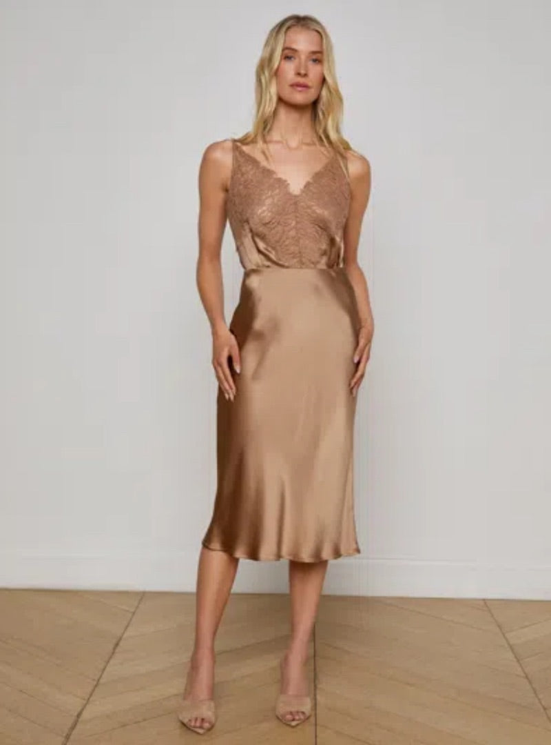 L'Agence Perin Silk Midi Skirt In Brown - Size Medium