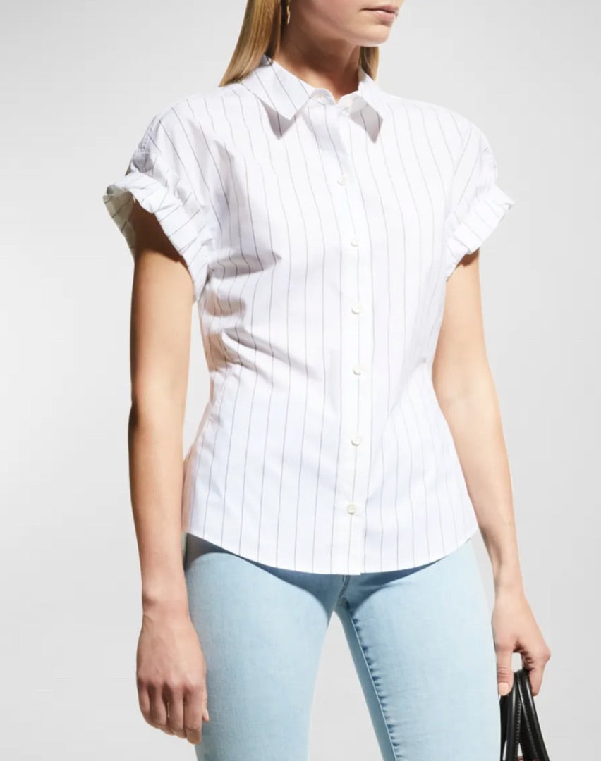 Frame Pinstripe Button-Front Rolled Sleeve Top - Size M