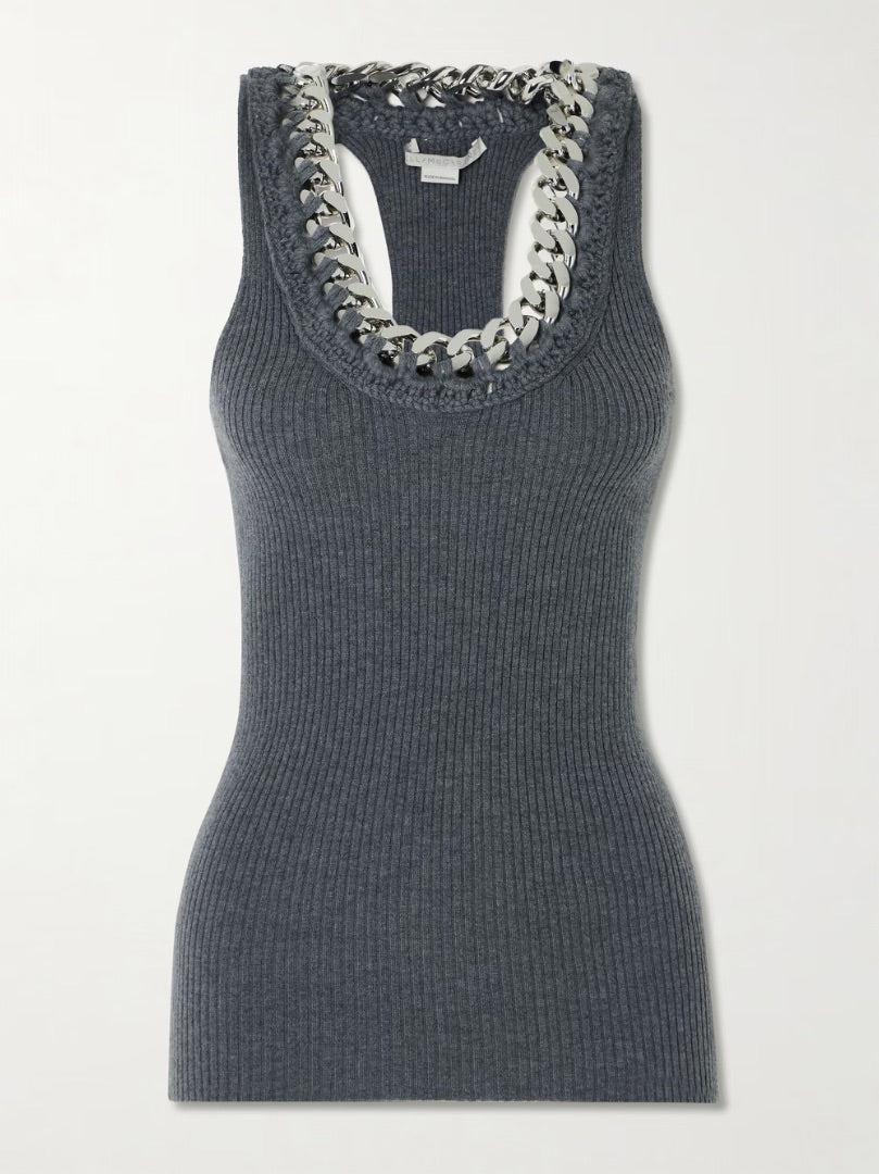 Stella McCartney Falabella Chain-Embellished Ribbed Wool-Blend Tank - Size Small