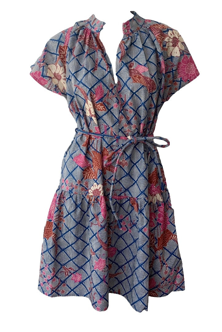 Apiece Apart Nyang Nyang Dress Pink/Blue Indo Batik Floral Print - Size 2