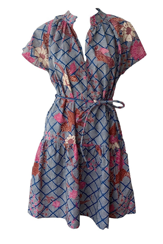 Apiece Apart Nyang Nyang Dress Pink/Blue Indo Batik Floral Print - Size 2