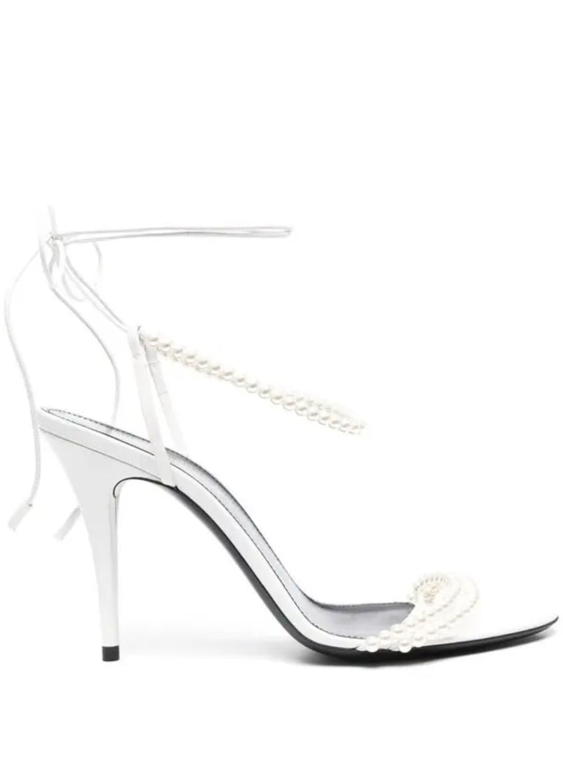 Saint Laurent Luna Faux Pearl-embellished Leather Sandals - White 38