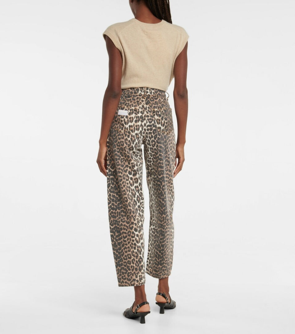 Ganni Stary Leopard-Print Barrel-Leg Jeans - size 28