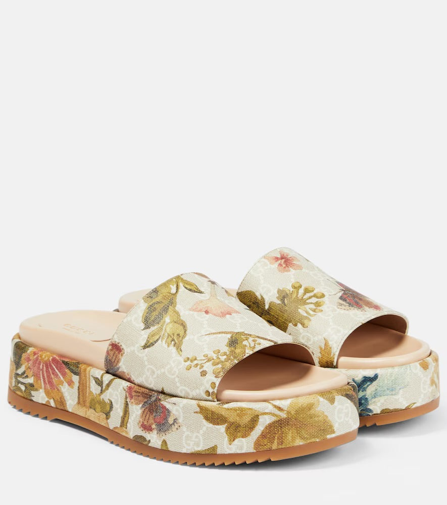 Gucci GG Flora Platform Slides In Beige White Multi - Size 38