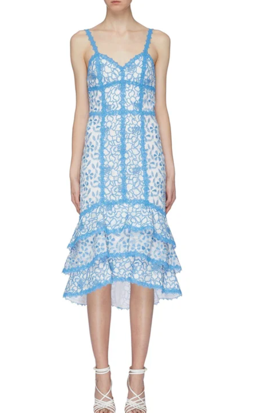 Alice + Olivia Diane Tiered Hem Floral Crochet Lace Midi Dress - Size 10
