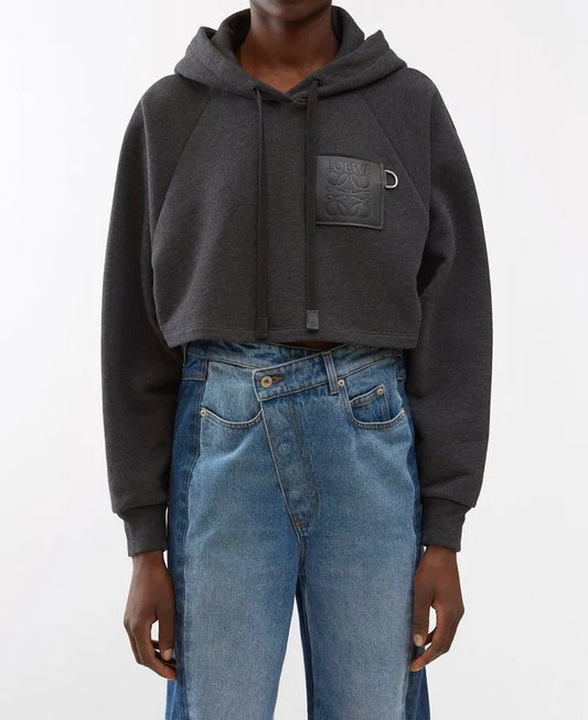 Loewe Grey Cotton Crop Hoodie S