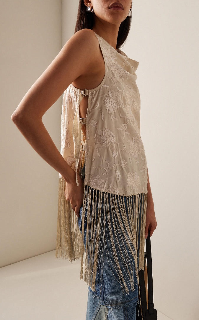 SEA New York Women's Natural Priscilla Fringed Embroidered Top - Size Small