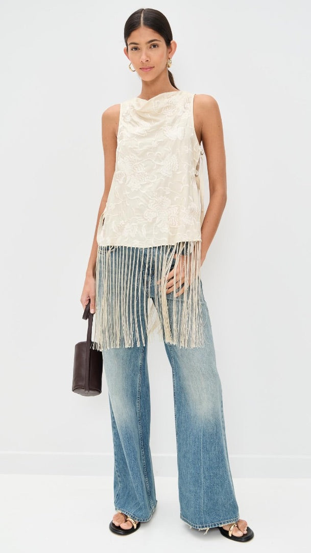 SEA New York Women's Natural Priscilla Fringed Embroidered Top - Size Small