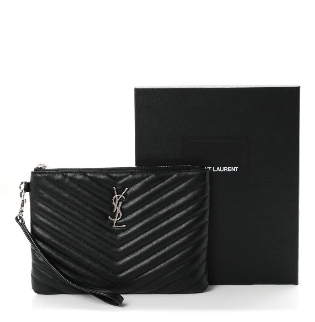YSL Calfskin Matelasse Chevron Monogram A5 Wristlet Black