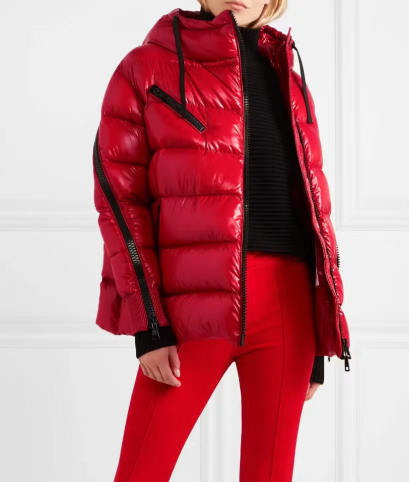 Moncler Liriope Hooded Quilted Puffer in Glossy Red - Size 0 (Fits like a small)