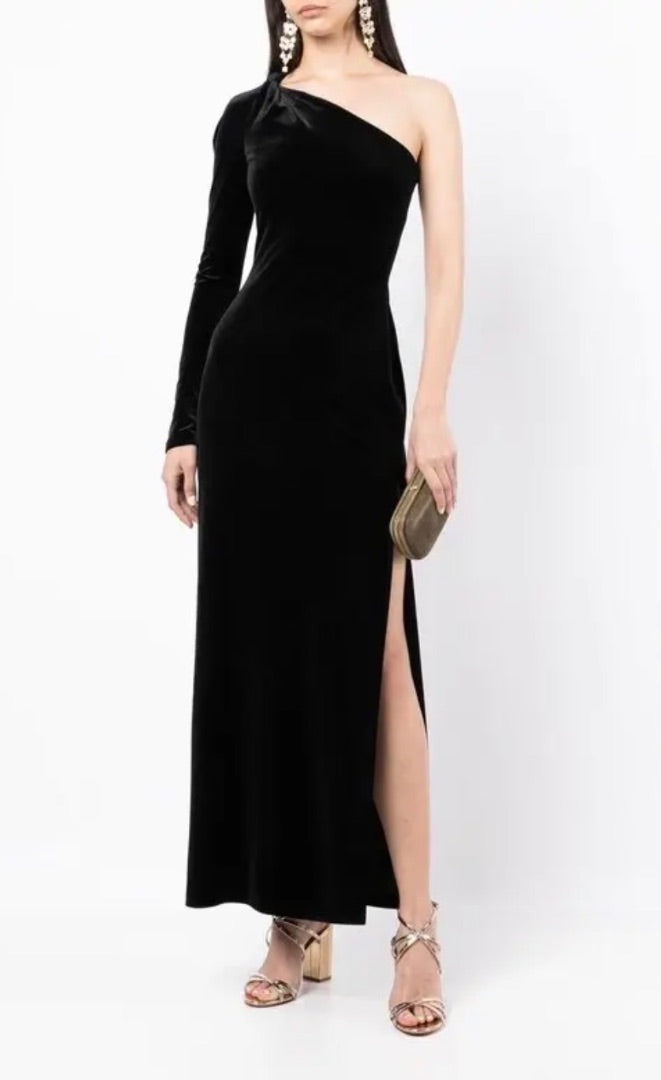 Galvan London Asymetric Velvet Gown in Black - Size 2