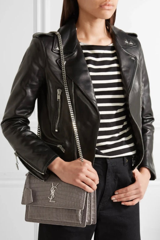 YSL grey croc medium leather sunset bag