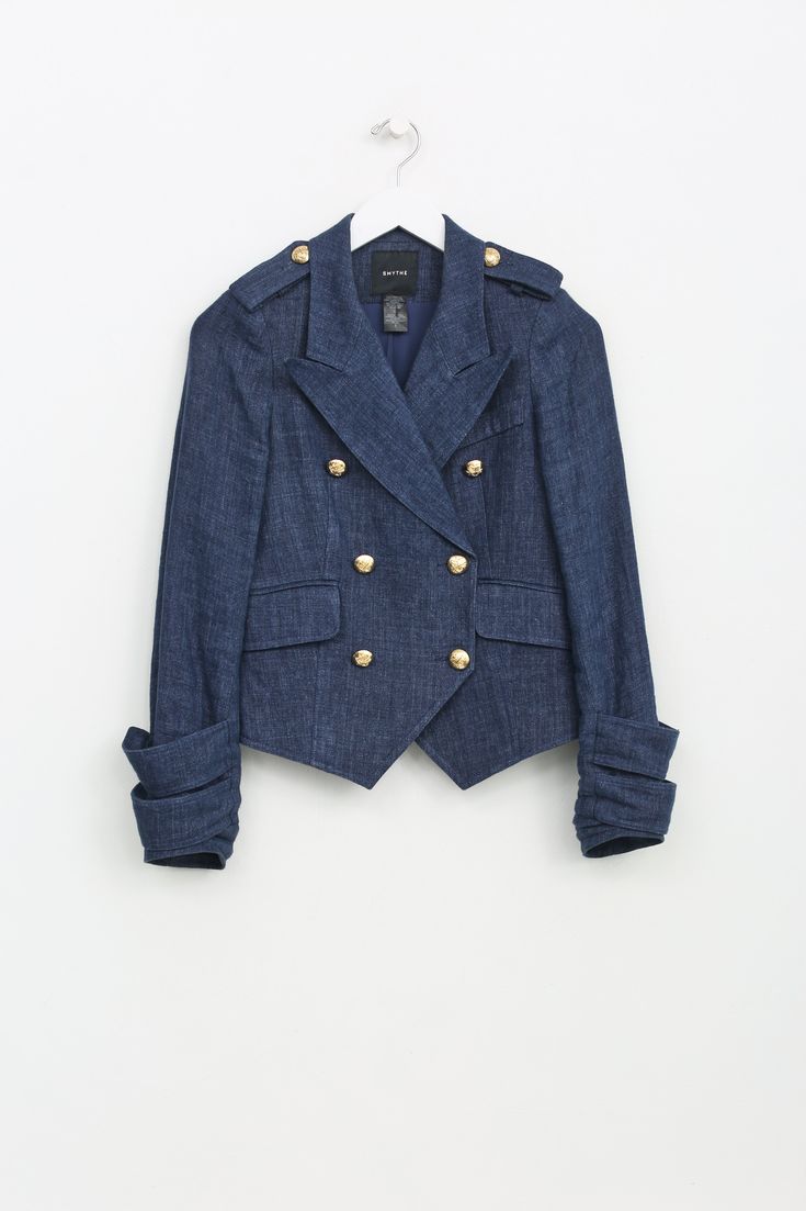 Smythe Blue Vestes Linen Pagoda Navy Gold Button Blazer Jacket - Size 2