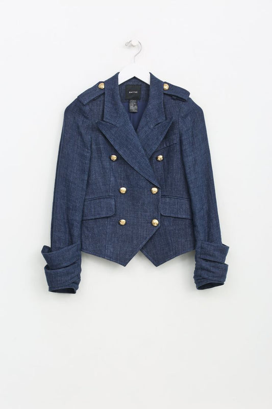 Smythe Blue Vestes Linen Pagoda Navy Gold Button Blazer Jacket - Size 2
